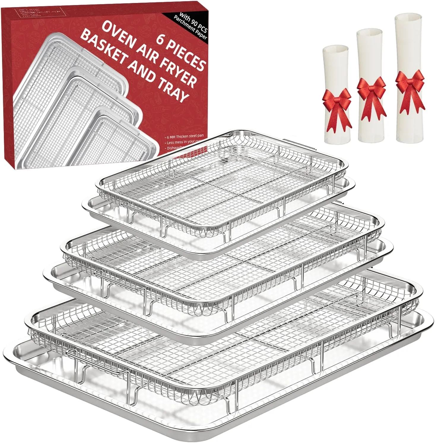 Air Fryer Basket for Oven, 3 Set Oven Air Fryer Basket and Tray Set with 90 PCS Parchment Papers, THORSES Thickened NonStick Stainless Steel Air Fryer Pan and Crisper Tray-Extra Large & Large & Medium