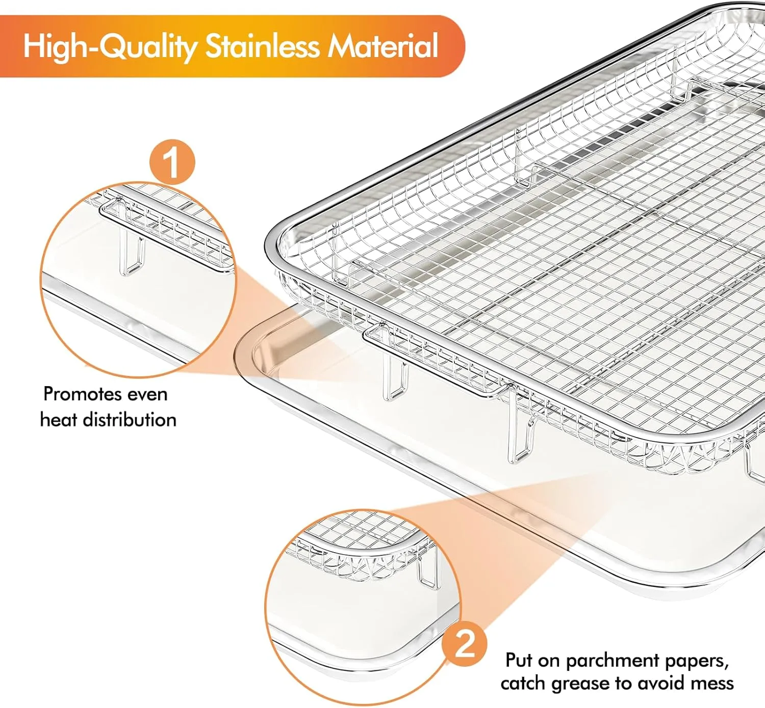 Air Fryer Basket for Oven, 3 Set Oven Air Fryer Basket and Tray Set with 90 PCS Parchment Papers, THORSES Thickened NonStick Stainless Steel Air Fryer Pan and Crisper Tray-Extra Large & Large & Medium