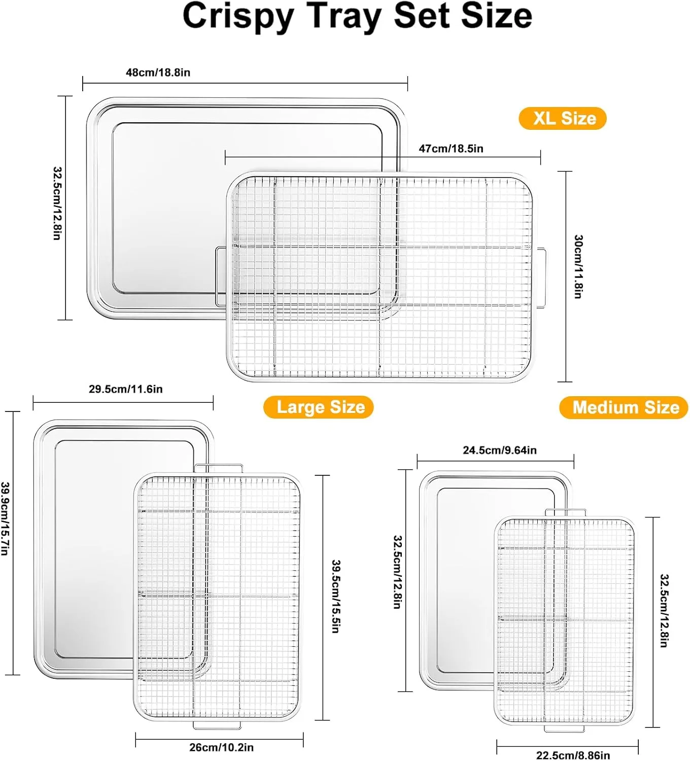 Air Fryer Basket for Oven, 3 Set Oven Air Fryer Basket and Tray Set with 90 PCS Parchment Papers, THORSES Thickened NonStick Stainless Steel Air Fryer Pan and Crisper Tray-Extra Large & Large & Medium