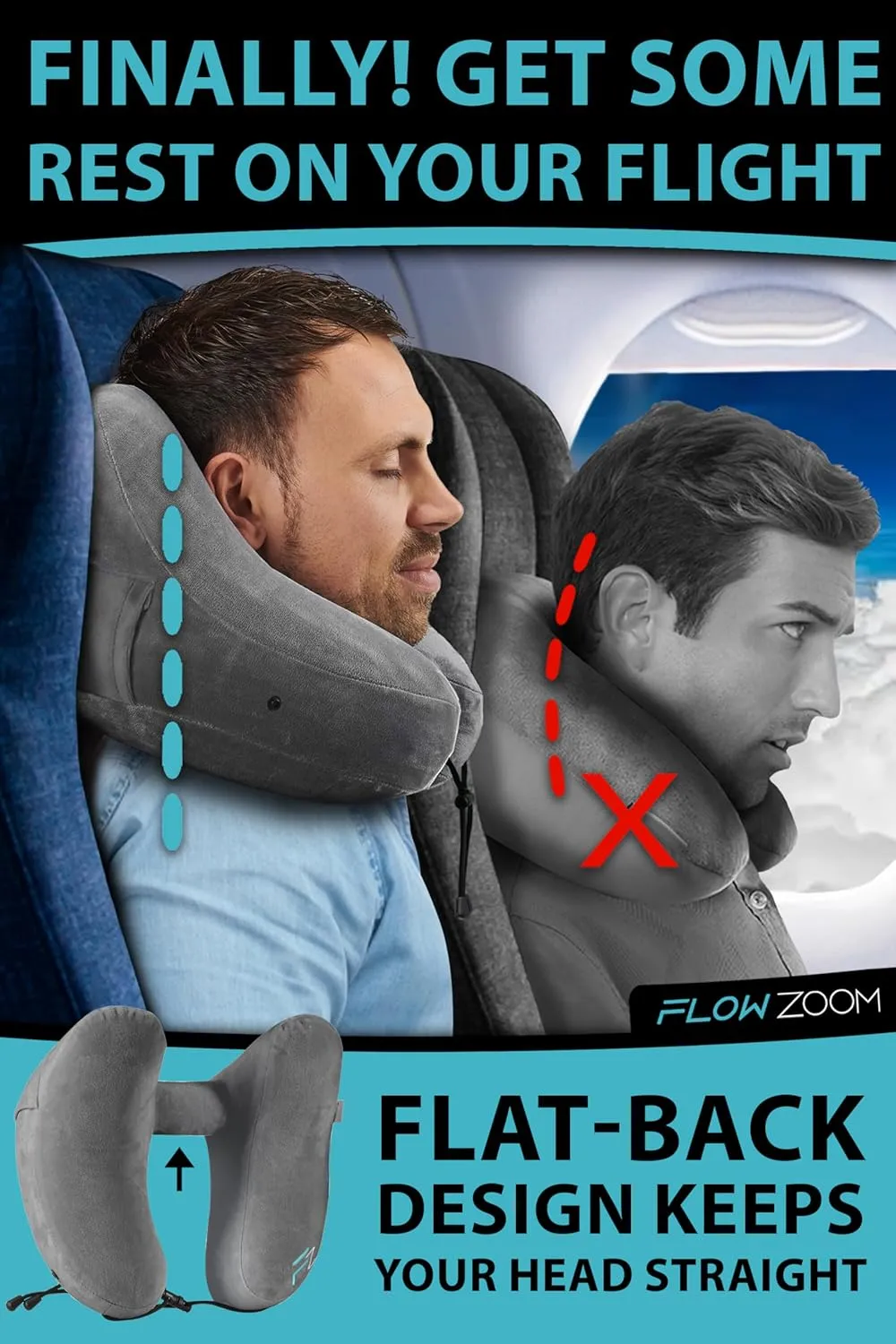 Air Inflatable Neck Pillow for Traveling on Plane - H-Shape Hooded Travel Pillow with 5 Snooze Modes, Fast Inflation, Pressure Control, Cozy Clip-On Hood & Plushy Cover - Size L, Silver Gray