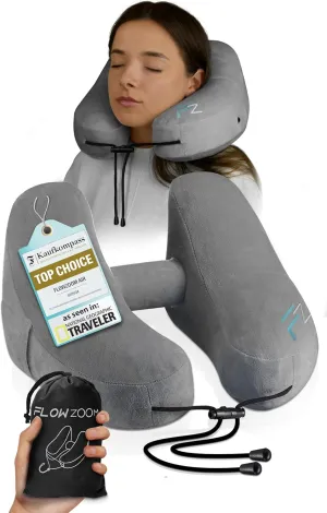 Air Inflatable Neck Pillow for Traveling on Plane - H-Shape Hooded Travel Pillow with 5 Snooze Modes, Fast Inflation, Pressure Control, Cozy Clip-On Hood & Plushy Cover - Size L, Silver Gray