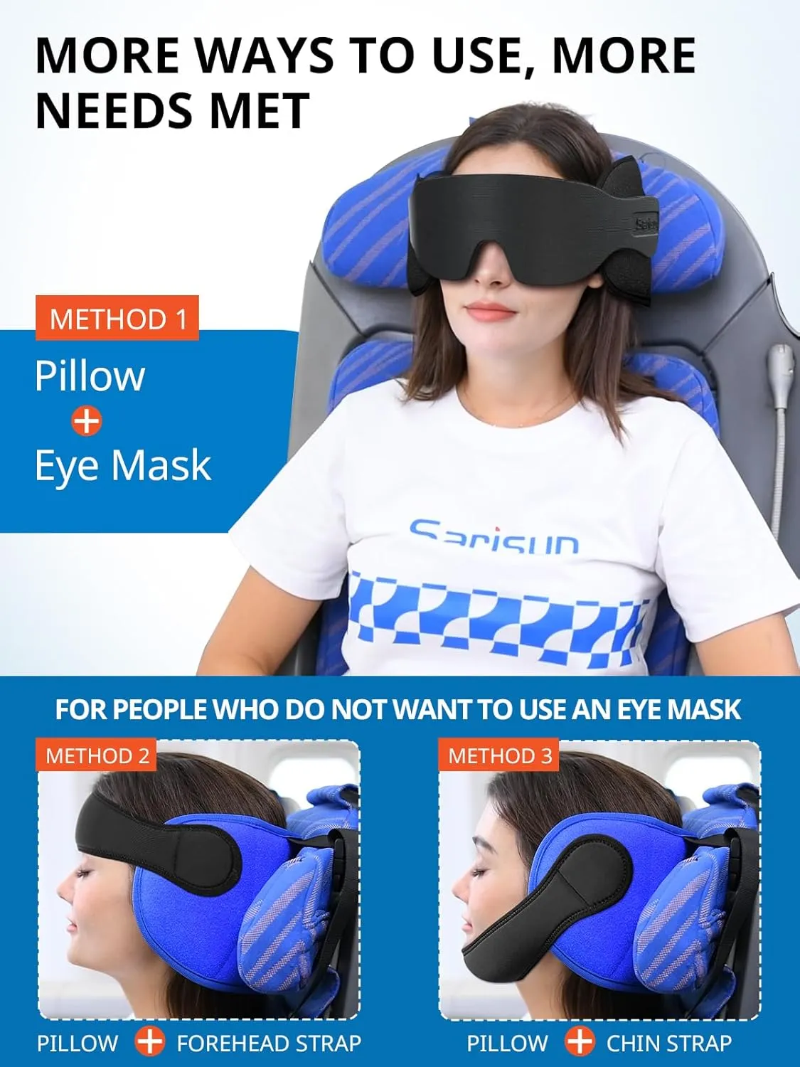 Airplane Pillow Combo with Chin Strap, Travel Pillows for Airplanes with Sleep Eye Mask, Plane Pillow for Long Flights, Car Road Trip, 360° Headrest, Stop Bobblehead, FSA HSA Eligible, Black