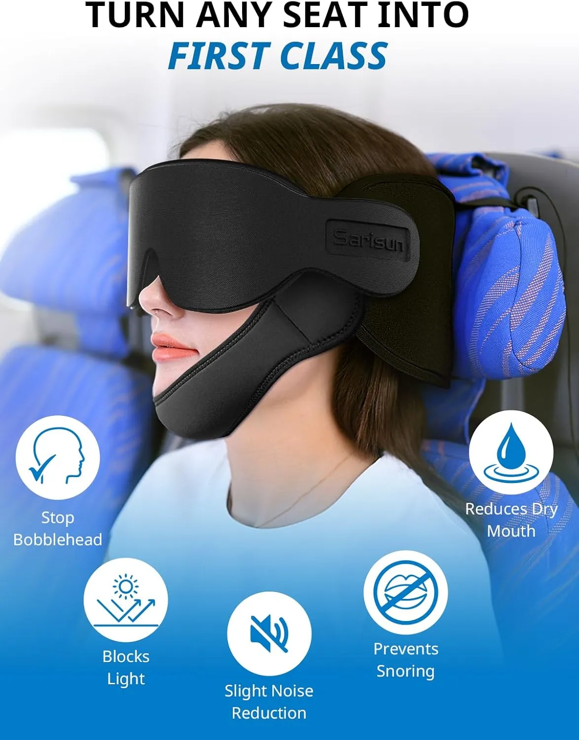 Airplane Pillow Combo with Chin Strap, Travel Pillows for Airplanes with Sleep Eye Mask, Plane Pillow for Long Flights, Car Road Trip, 360° Headrest, Stop Bobblehead, FSA HSA Eligible, Black