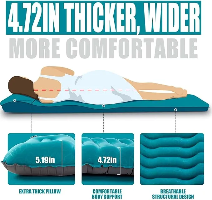 AKSOUL Sleeping Pad Ultra-Thick - Inflatable Sleep Mat, Lightweight & Compact 4.72 in Air Mattress with Pillow, Self-Inflating with Built-in Foot Pump for Traveling, Hiking, Camping (Blue)