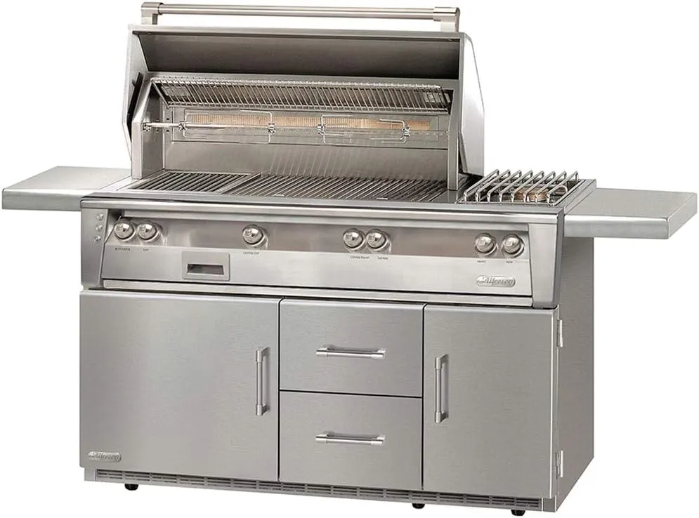 Alfresco Refrigerated Cart Grill with Side Burner (ALXE-56SZR-NG), Rotisserie, and Sear Zone, Natural Gas, 56-Inch