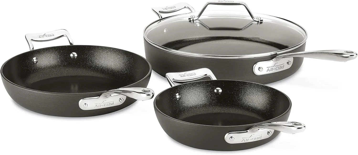 All-Clad Essentials Hard Anodized Nonstick Sauce Pan Set 4 Piece, 8, 10.25 Inch, 4 Quart Oven Broiler Safe 500F Pots and Pans, Cookware Black