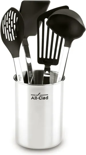 All-Clad Specialty Stainless Steel with Nylon Head Kitchen Gadgets 4 Piece Tool Set with Caddy Kitchen Tools, Kitchen Hacks Silver