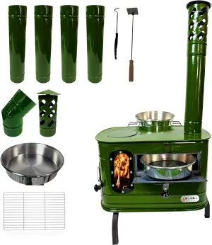 All-Inclusive Portable Wood Stove Set, Caravan,Tent,Chalet Stove,Small Kitchen, Woodsman Heater, tiny house, glass stove, Complete Stove Kit (Green)