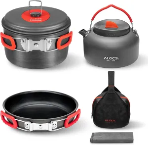 Alocs Camping Cookware Mess Kit Lightweight Camping Cooking Gear Pot Pan Kettle Set with Portable Carry Bag for Outdoor Backpacking Hiking and Picnic