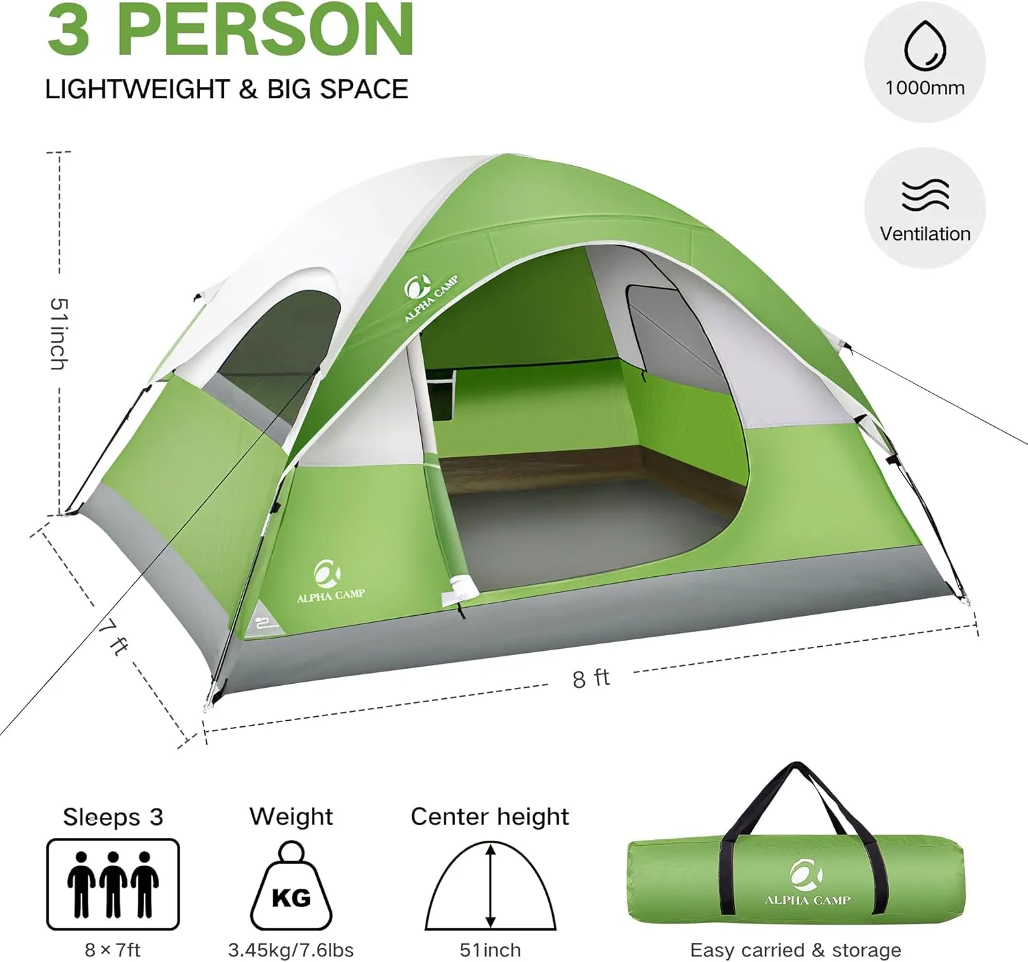 ALPHA CAMP 2/3/4 Person Camping Dome Tent with Rainfly, Lightweight Weatherproof Portable Backpacking Instant Tent, Easy Setup Tent for Outdoor Camping, Hiking, Mountaineering, Travel, Beach