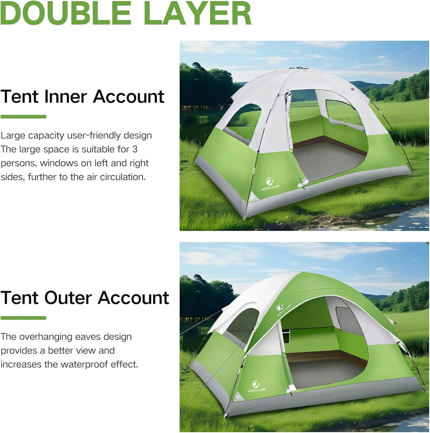 ALPHA CAMP 2/3/4 Person Camping Dome Tent with Rainfly, Lightweight Weatherproof Portable Backpacking Instant Tent, Easy Setup Tent for Outdoor Camping, Hiking, Mountaineering, Travel, Beach