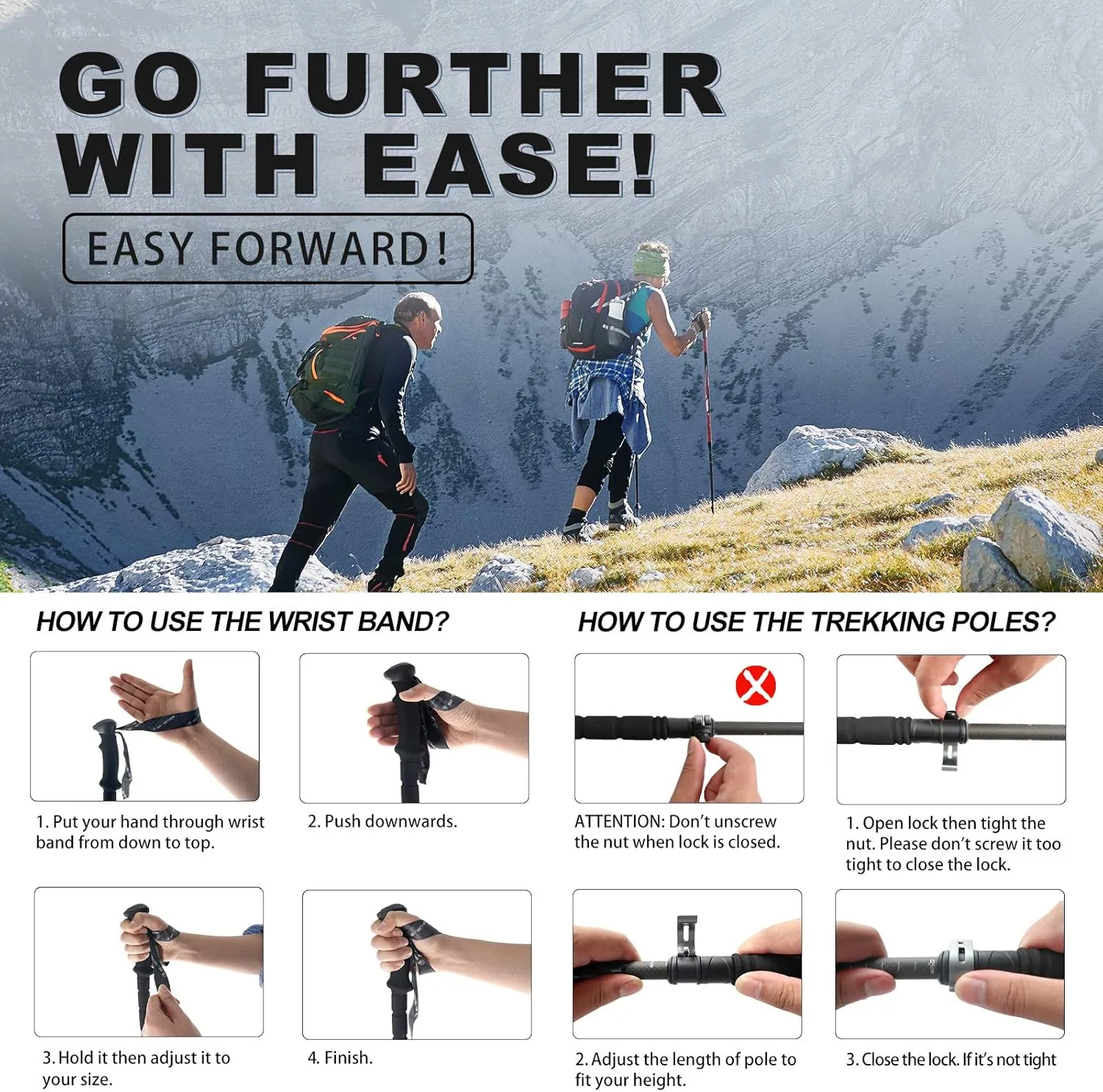 Aluminum Trekking Poles - Quick Adjustable Locks, Comfort Handle, Padded Strap, Snow Baskets - Walking Sticks Suitable for Hiking, Walking