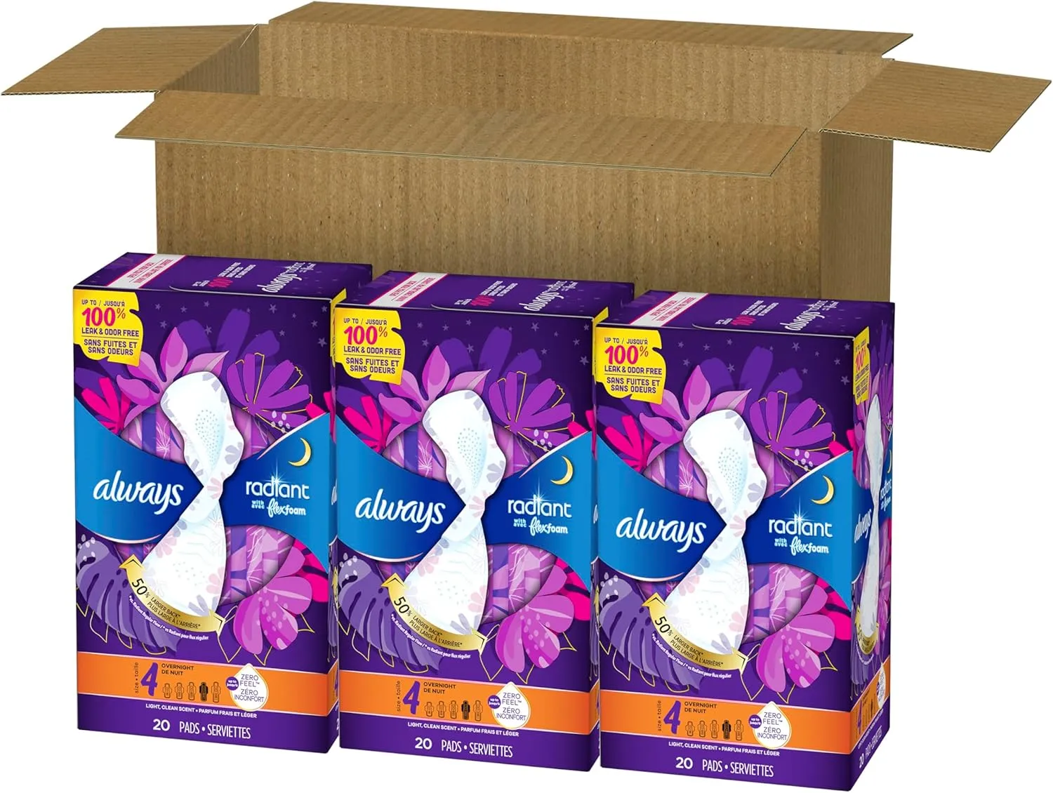 Always Radiant Feminine Pads for Women, Flexfoam Pads with Wings, Size 4, Overnight Absorbency, Lightly Scented, 60 Count (Packaging May Vary)