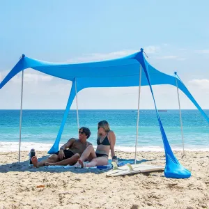 AMMSUN Beach Tent Portable Sun Shelter,9X 9ft Beach Canopy Easy Setup, 9'x9'Lycra Sun Shelter with UPF50  Protection 4 Sand Bags & 4 Aluminum Poles for Family at The Beach, Camping & Outdoor