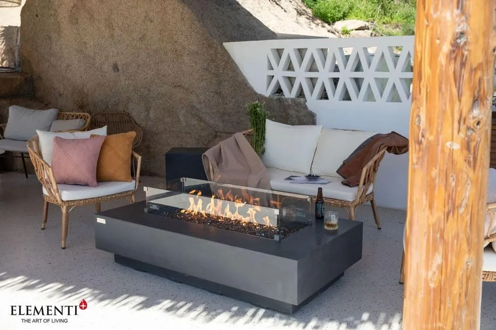 AMS Fireplace Elementi Dark Gray Positano Liquid Propane Gas Fire Pit Table For Outside Patio Bundle With Tank Cover, Wind Guard and SS Burner Lid | Free Rubber Mat, Ice Bucket and Counter-top Lantern