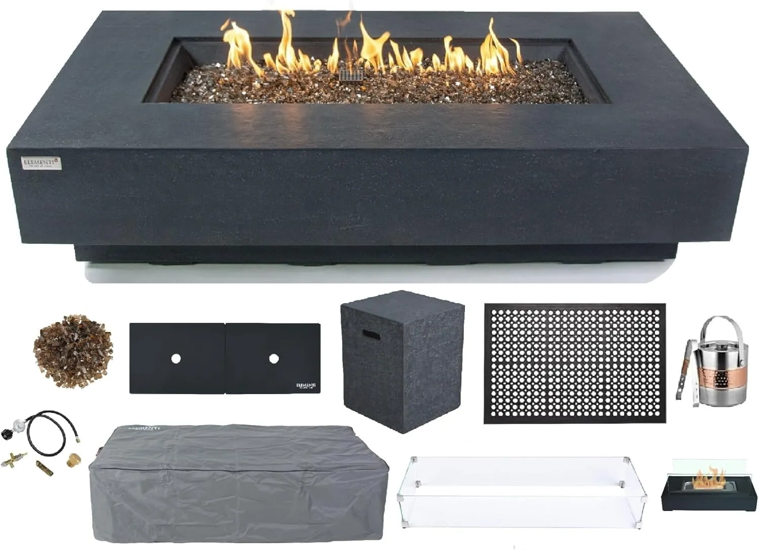 AMS Fireplace Elementi Dark Gray Positano Liquid Propane Gas Fire Pit Table For Outside Patio Bundle With Tank Cover, Wind Guard and SS Burner Lid | Free Rubber Mat, Ice Bucket and Counter-top Lantern