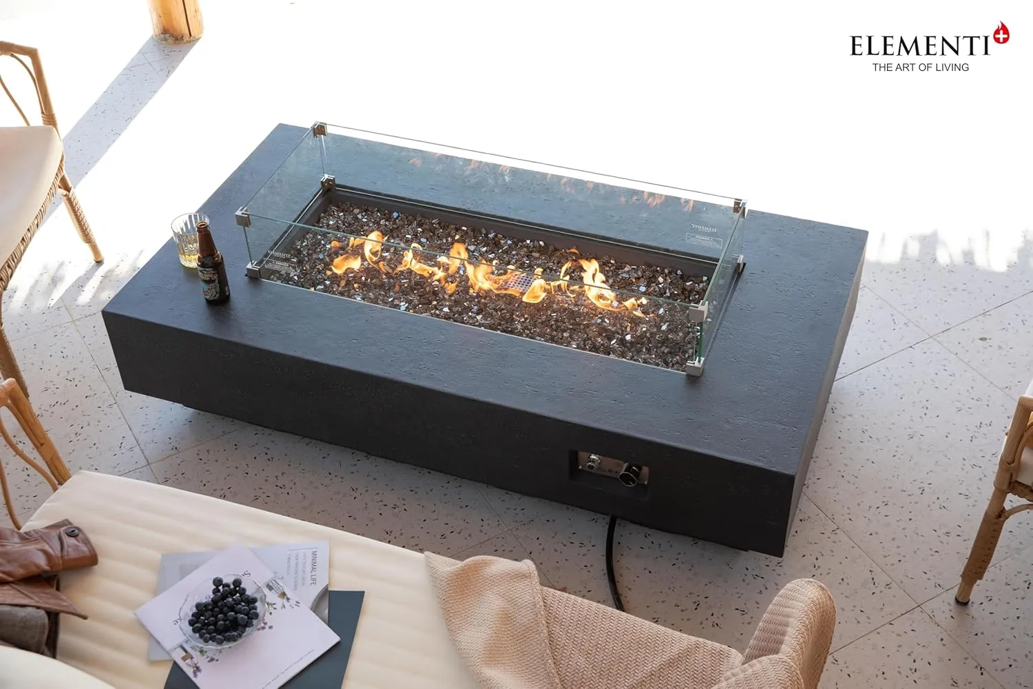AMS Fireplace Elementi Dark Gray Positano Liquid Propane Gas Fire Pit Table For Outside Patio Bundle With Tank Cover, Wind Guard and SS Burner Lid | Free Rubber Mat, Ice Bucket and Counter-top Lantern