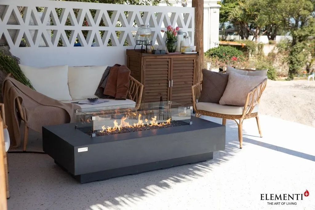 AMS Fireplace Elementi Dark Gray Positano Liquid Propane Gas Fire Pit Table For Outside Patio Bundle With Tank Cover, Wind Guard and SS Burner Lid | Free Rubber Mat, Ice Bucket and Counter-top Lantern