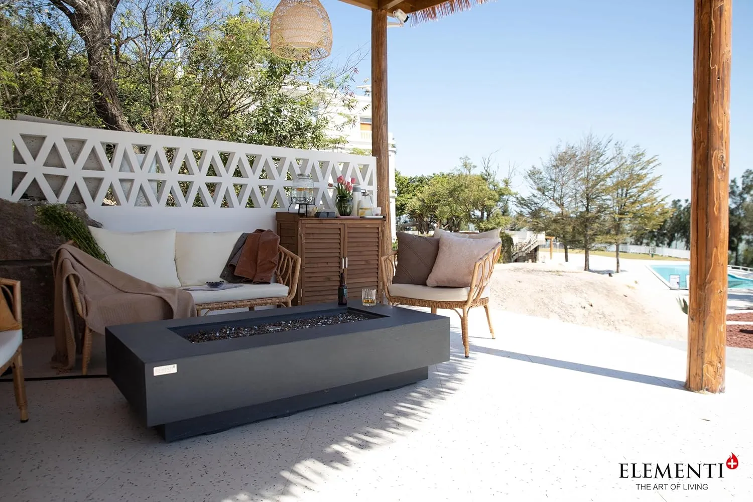 AMS Fireplace Elementi Dark Gray Positano Liquid Propane Gas Fire Pit Table For Outside Patio Bundle With Tank Cover, Wind Guard and SS Burner Lid | Free Rubber Mat, Ice Bucket and Counter-top Lantern