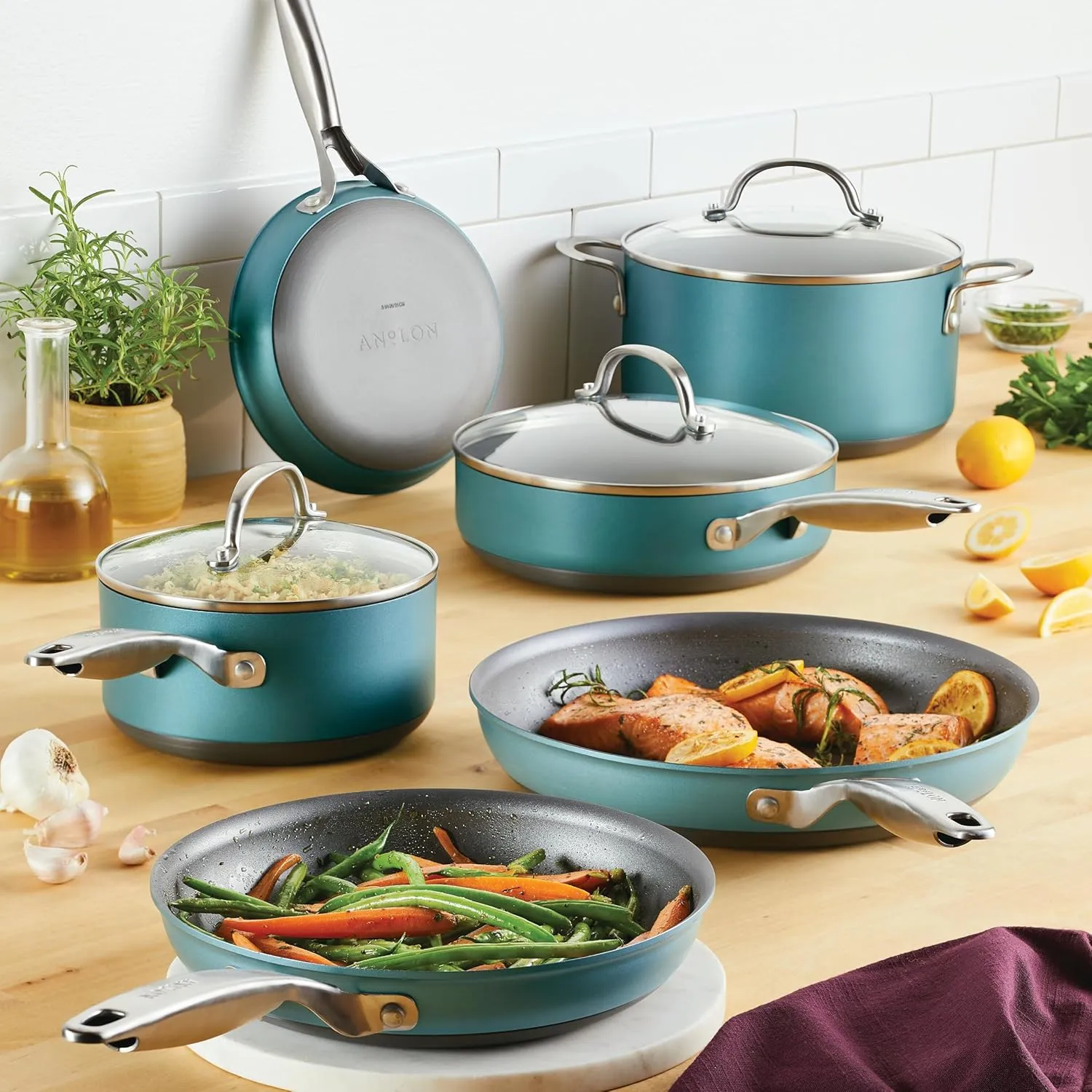 Anolon Achieve Hard Anodized Nonstick Cookware Pots and Pans Set, 9 Piece - Teal