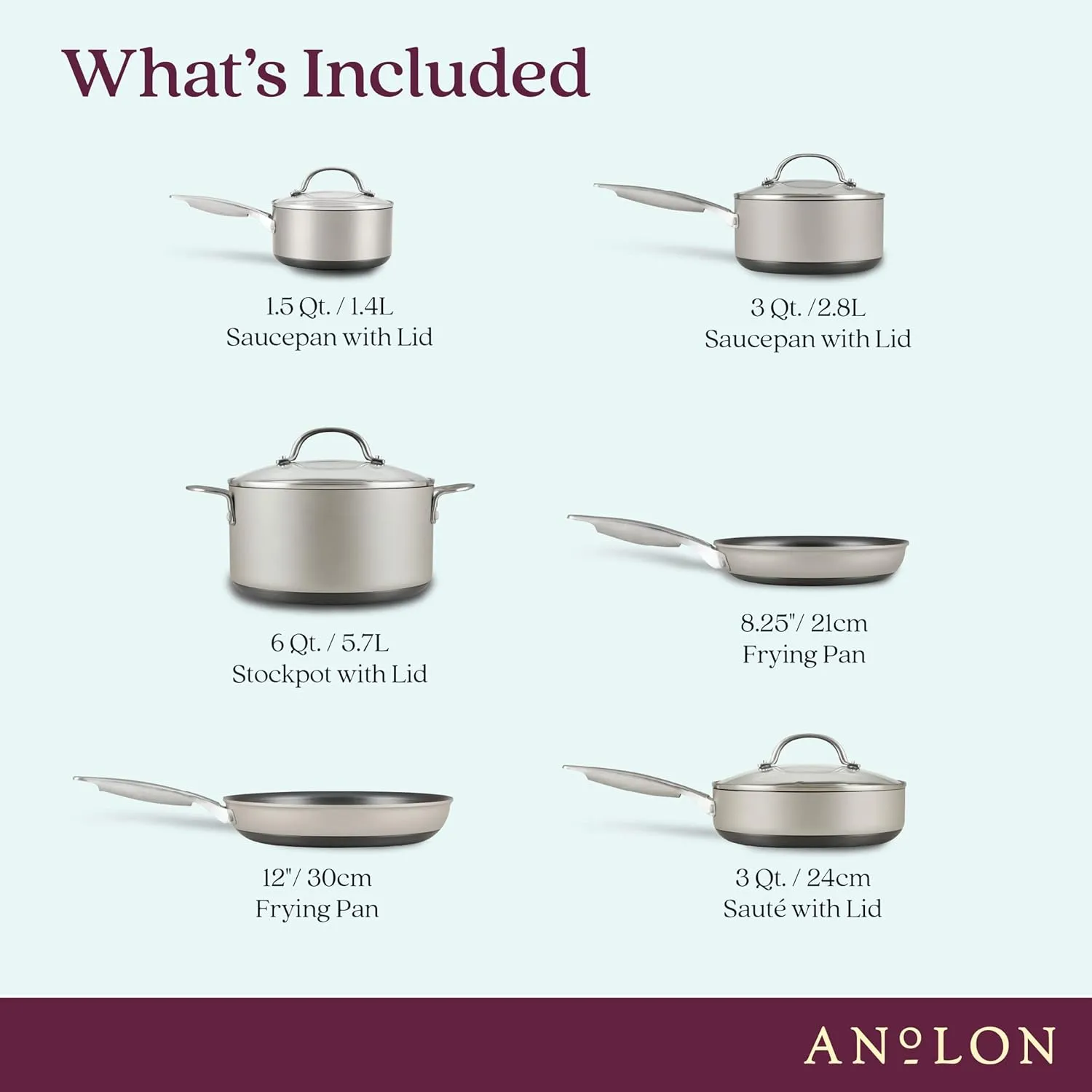 Anolon Achieve Hard Anodized Nonstick Cookware/Pots and Pans Set, 10 Piece - Silver