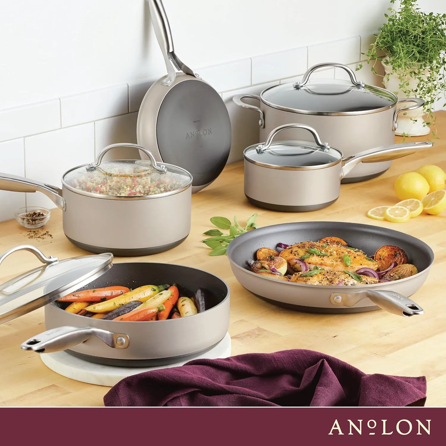 Anolon Achieve Hard Anodized Nonstick Cookware/Pots and Pans Set, 10 Piece - Silver
