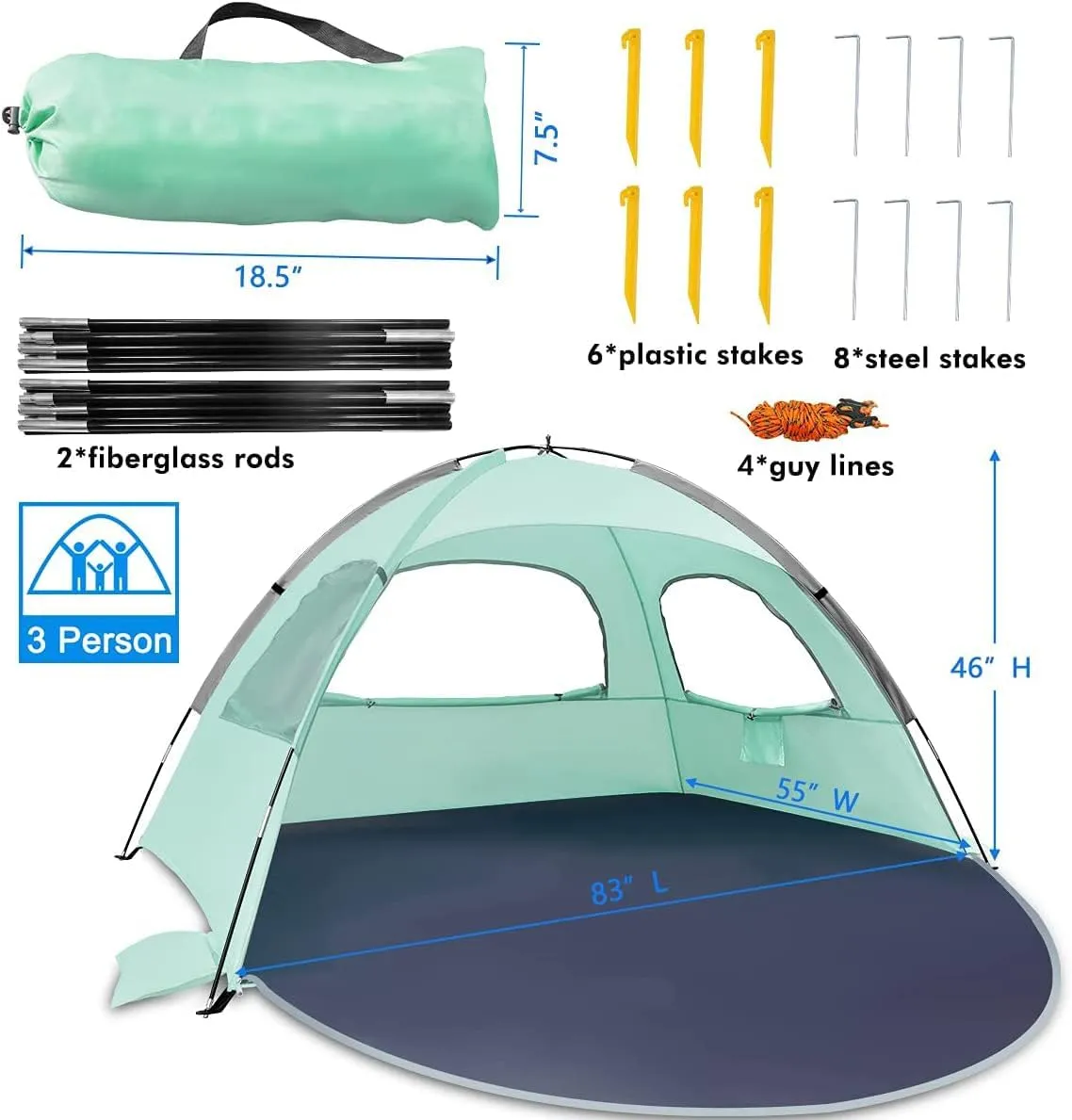 Anti-UV Portable Sun Shade Shelter for 3 Person Beach Tent