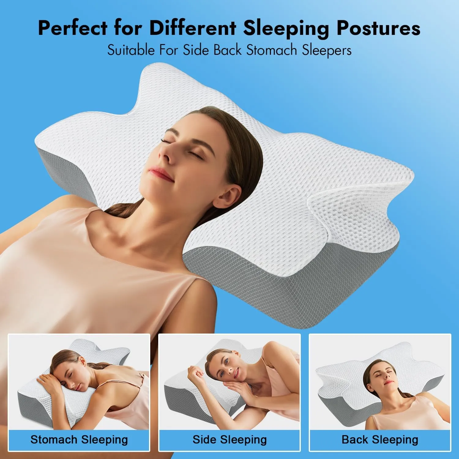 Anvo Cervical Pillow for Neck Pain Relief, Memory Foam Pillows for Neck and Shoulder Pain, Orthopedic Ergonomic Design for Sleeping, Suitable for Side Back and Stomach Sleeper, White Soft
