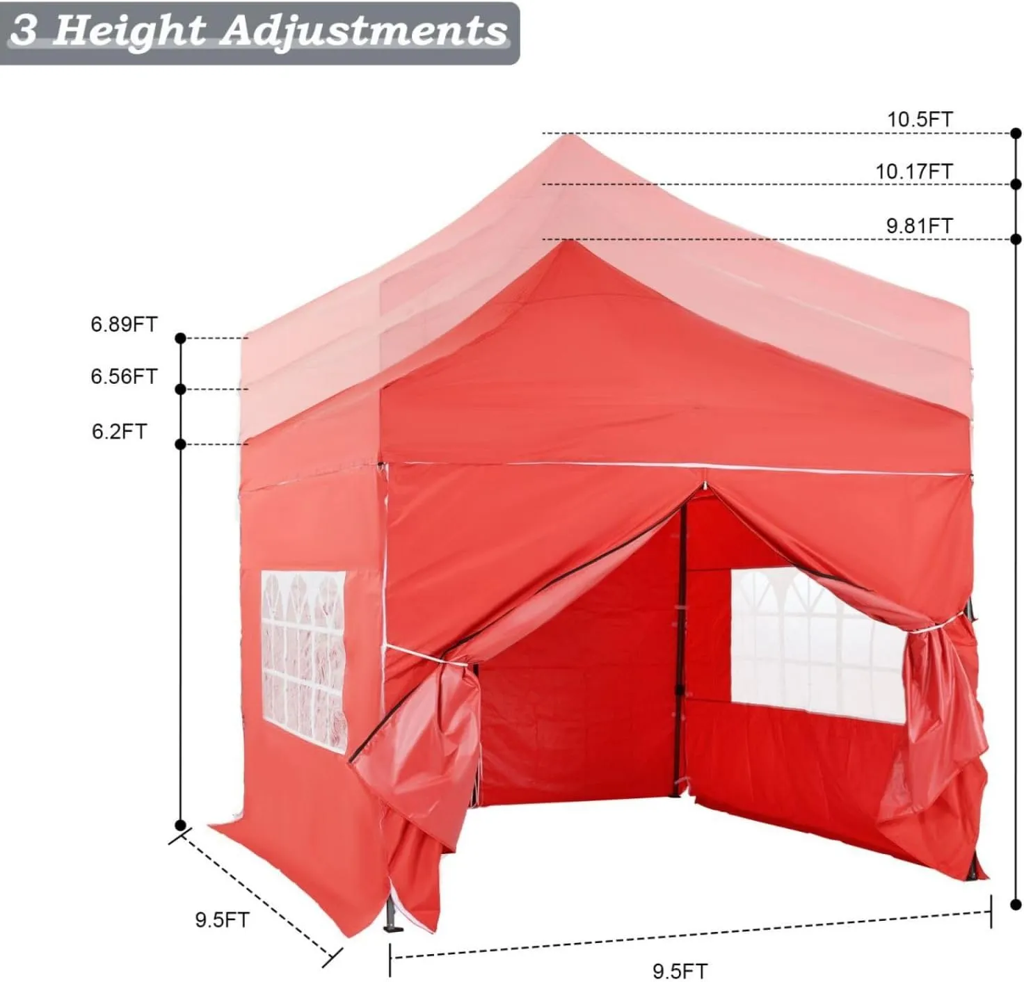 Aoodor 10 x 10 FT. Pop Up Canopy Tent with Church Windows Sidewalls, 3 Adjustable Heights, Fully Waterproof Portable Gazebo Shelter for Camping, Party and Wedding, with Wheeled Bag - Red