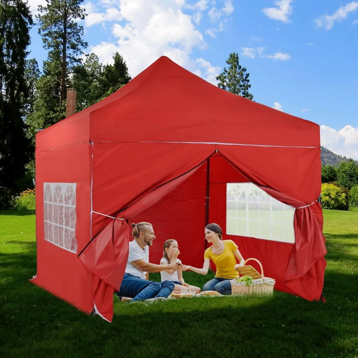 Aoodor 10 x 10 FT. Pop Up Canopy Tent with Church Windows Sidewalls, 3 Adjustable Heights, Fully Waterproof Portable Gazebo Shelter for Camping, Party and Wedding, with Wheeled Bag - Red