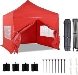 Aoodor 10 x 10 FT. Pop Up Canopy Tent with Church Windows Sidewalls, 3 Adjustable Heights, Fully Waterproof Portable Gazebo Shelter for Camping, Party and Wedding, with Wheeled Bag - Red