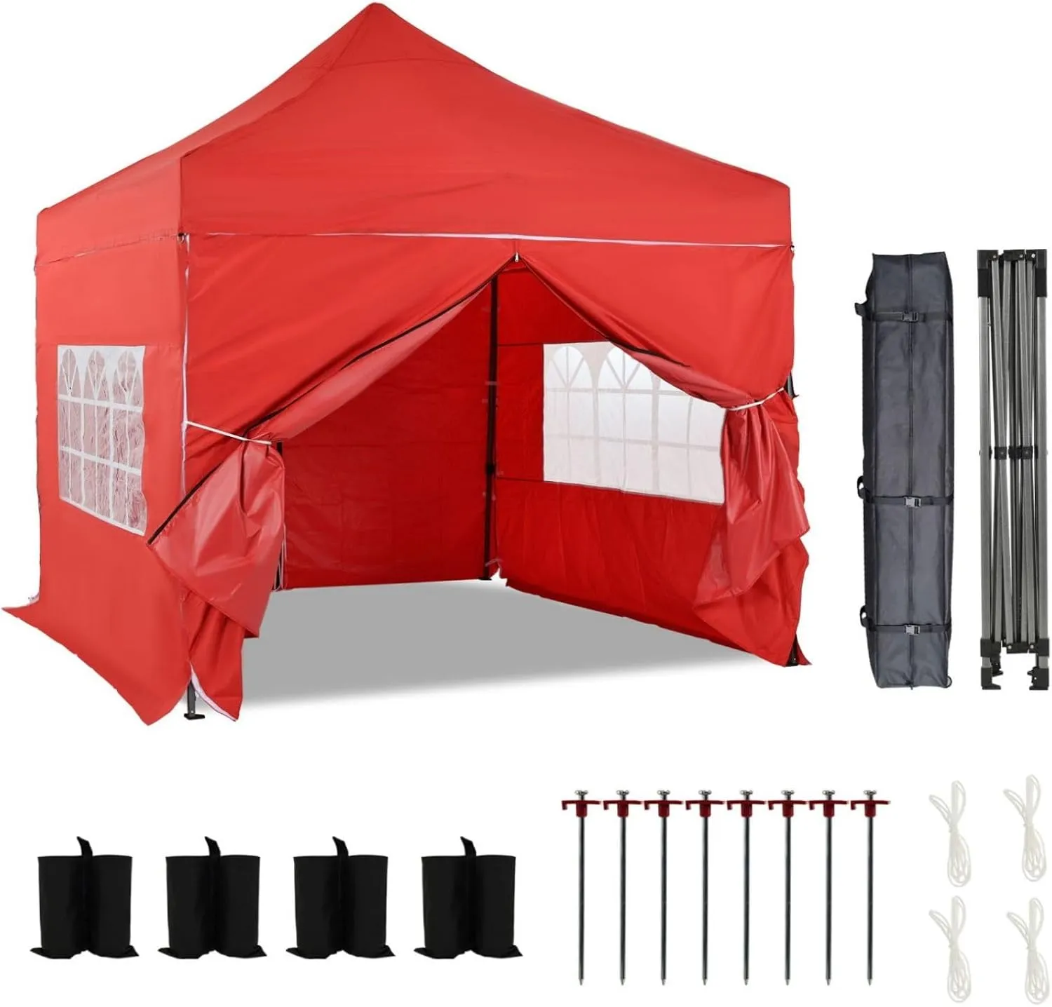 Aoodor 10 x 10 FT. Pop Up Canopy Tent with Church Windows Sidewalls, 3 Adjustable Heights, Fully Waterproof Portable Gazebo Shelter for Camping, Party and Wedding, with Wheeled Bag - Red