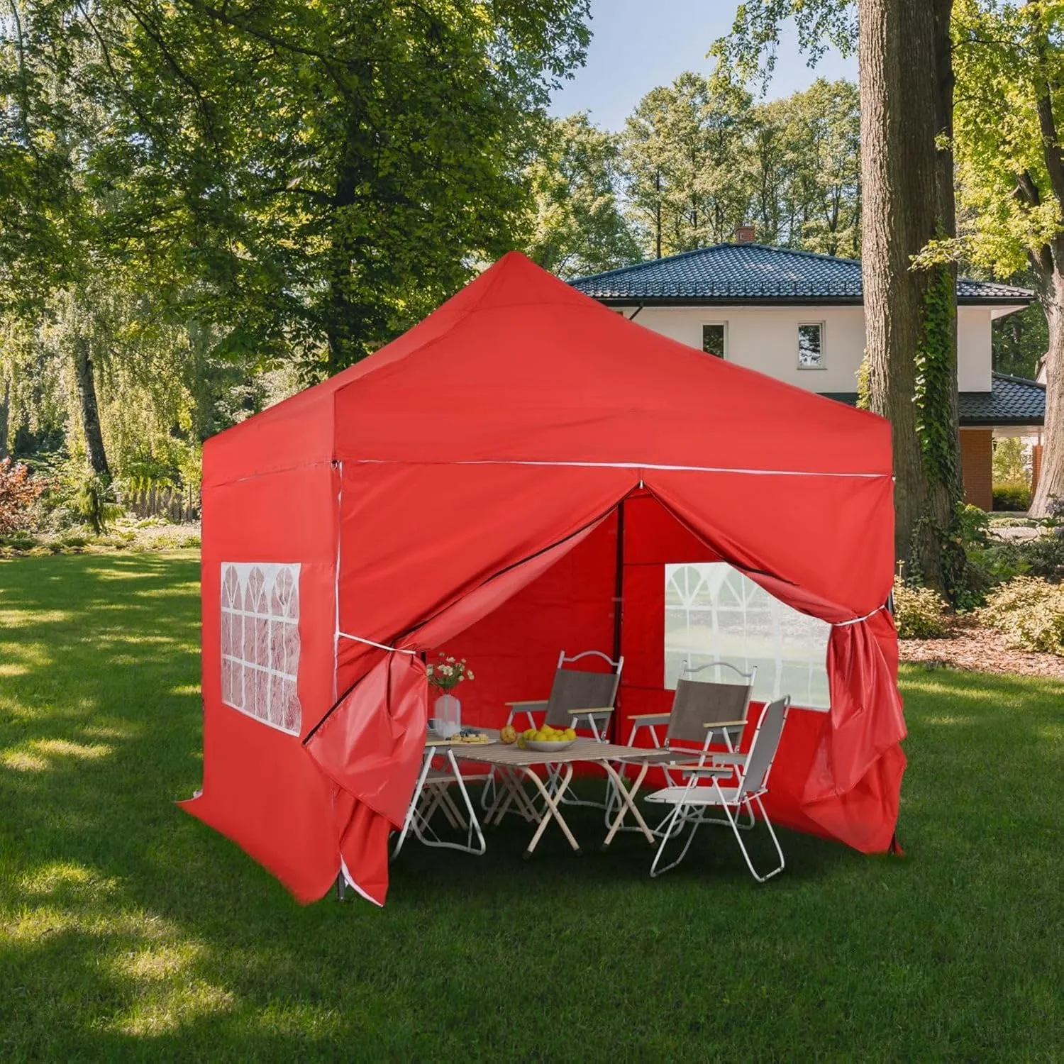 Aoodor 10 x 10 FT. Pop Up Canopy Tent with Church Windows Sidewalls, 3 Adjustable Heights, Fully Waterproof Portable Gazebo Shelter for Camping, Party and Wedding, with Wheeled Bag - Red