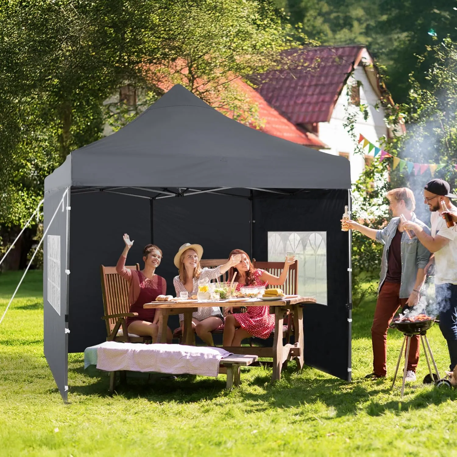 Aoodor 10 x 10 FT. Pop Up Canopy Tent with Sidewalls, Instant Outdoor Commercial Gazebo Shelter Enclosed, 3 Adjustable Heights, Fully Waterproof Portable Gazebo Shelter with Wheeled Bag - Gray