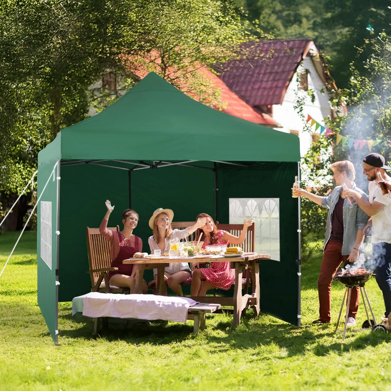 Aoodor 10 x 10 FT. Pop Up Canopy Tent with Sidewalls, Instant Outdoor Commercial Gazebo Shelter Enclosed, 3 Adjustable Heights, Fully Waterproof Portable Gazebo Shelter with Wheeled Bag - Green