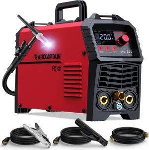 ARCCAPTAIN TIG Welder 200A, High Frequency 110v/220v Dual Voltage TIG/Stick/Arc 2 in 1 Welder LED Digital Display Welding Machine with 2T/4T Function and Tungsten Electrode