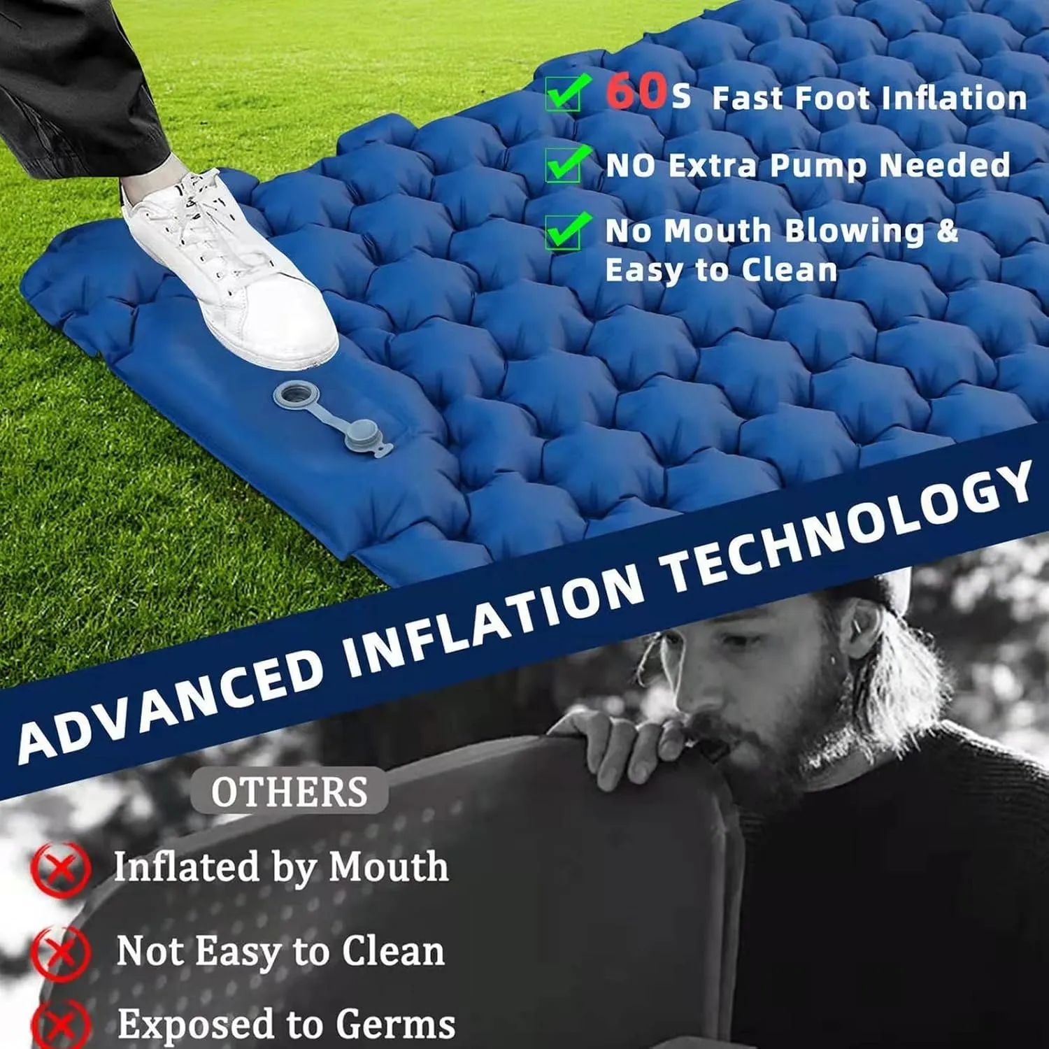 Asixxsix Inflatable Sleeping Pad, 77.2X26.8inch Inflatable Sleeping Mat with Pillow Built in Foot Pump, Portable Camping Mattress Pad with Carry Bag for Backpacking, Camp, Hiking, Tent