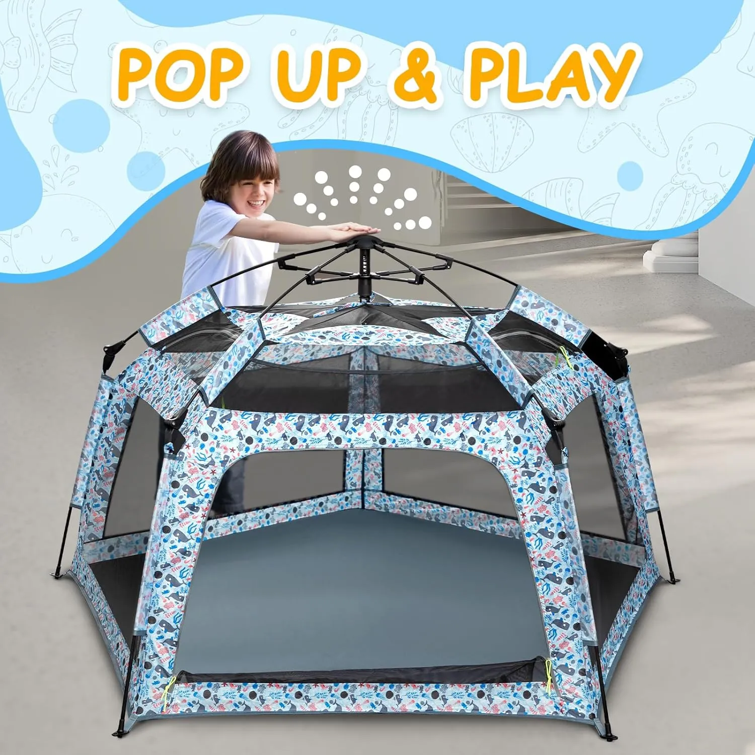 Baby Playpen Pop-up Tent - Outdoor & Indoor Play Tent for Beach with Canopy Travel Bag Portable Play Yard for Babies & Toddlers (Ocean)