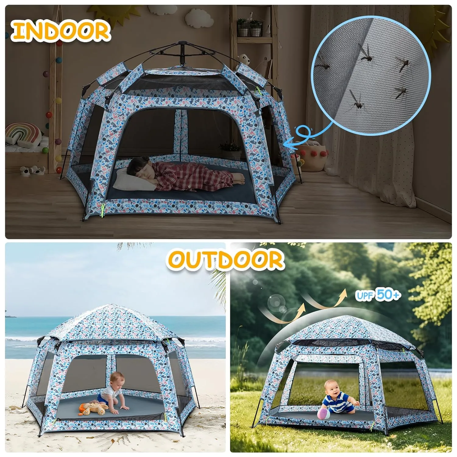 Baby Playpen Pop-up Tent - Outdoor & Indoor Play Tent for Beach with Canopy Travel Bag Portable Play Yard for Babies & Toddlers (Ocean)