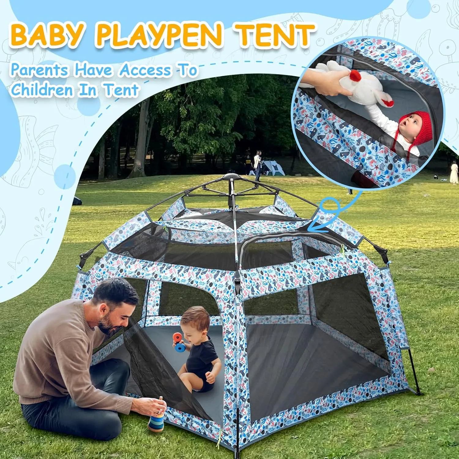 Baby Playpen Pop-up Tent - Outdoor & Indoor Play Tent for Beach with Canopy Travel Bag Portable Play Yard for Babies & Toddlers (Ocean)