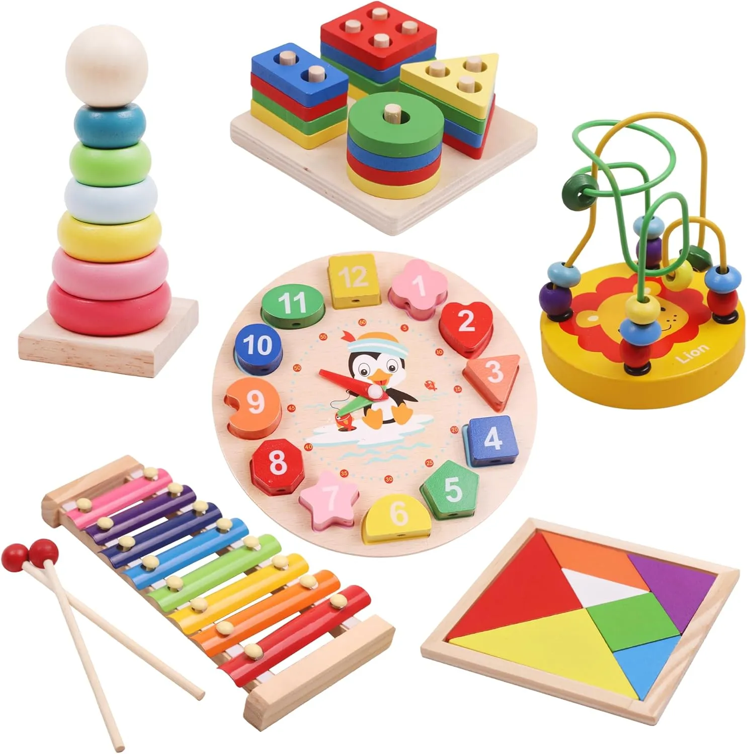 Baby Toys Age 3  Year - Winding Beads, Clock, Xylophone, Rainbow Tower, Tangram & Wooden Stacking Blocks 6 in 1 Montessori Toys for Babies 3  Years Finished with Non-Toxic Water Based Paint