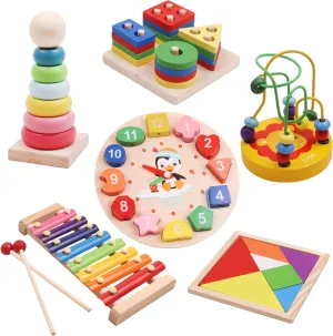 Baby Toys Age 3  Year - Winding Beads, Clock, Xylophone, Rainbow Tower, Tangram & Wooden Stacking Blocks 6 in 1 Montessori Toys for Babies 3  Years Finished with Non-Toxic Water Based Paint