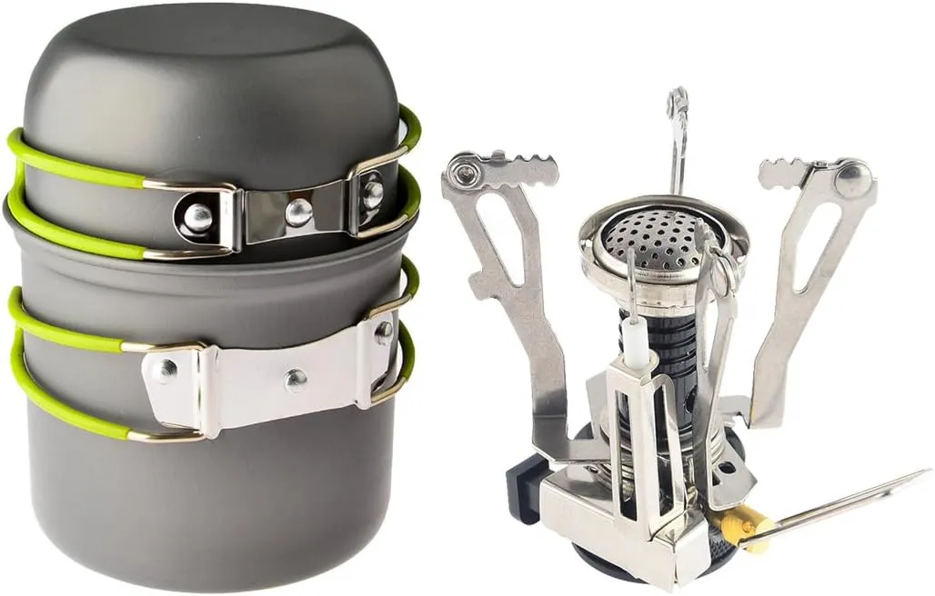 Backpacking & Camping Stoves, Petforu Ignition Canister Stove   Campfire Cookware Pots & Pans Camp Kitchen Cooking Tool Set