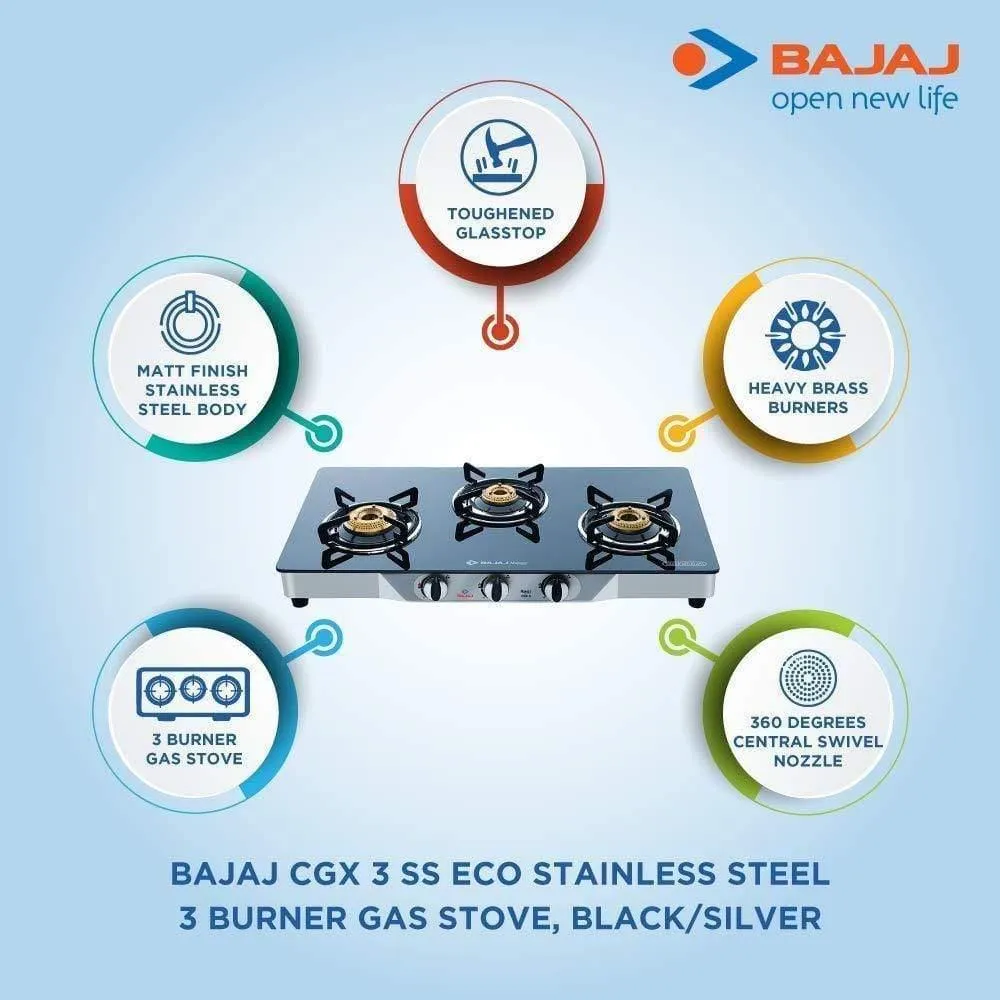 Bajaj CGX3, 3-Burner Stainless Steel Glass gas stove