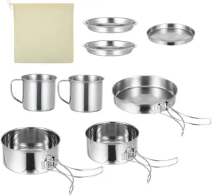 Balacoo Camping Cup Kettle 8-Piece Stainless Steel Outdoor Cooking Kit for Hiking Camping BBQ -in-one Cooker for 5-6 People