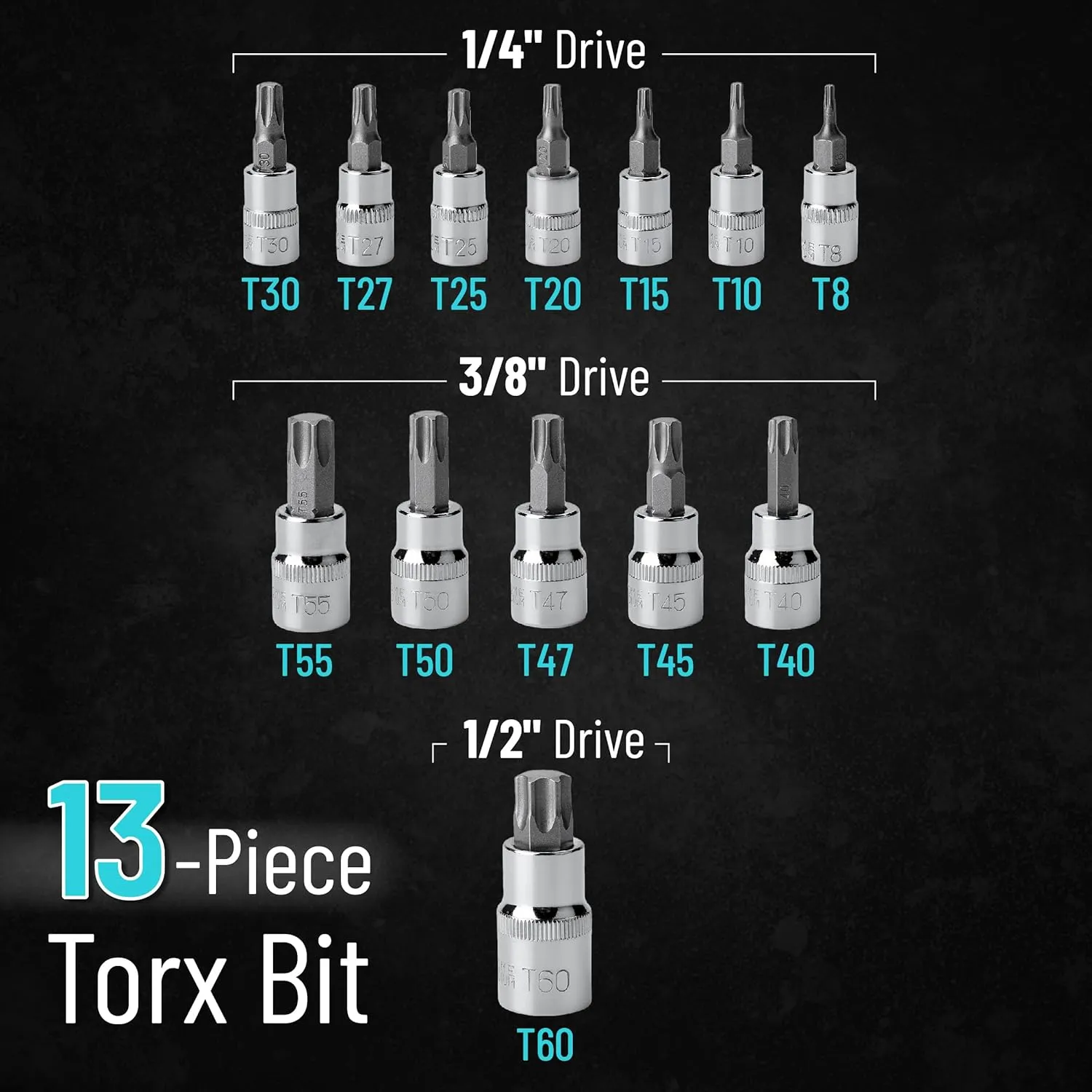 Bates- Torx Bit Socket Set, 13 Pieces Set with Case, T8-T60, Torx Bit Set, Star Socket Set, Star Bit Socket Set, Torx Bits, Star Bits Set, YKDC001B402