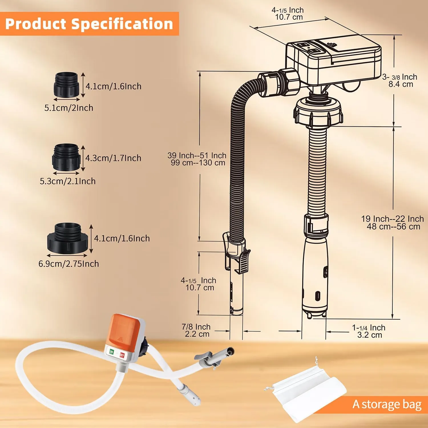 Battery-Powered Fuel Transfer Pump - No Spill Portable Siphon with 3 Adapters & Auto Shut-Off for Gas/Diesel/Kerosene/Water (3.2GPM Flow, 51" Hose) (Orange)