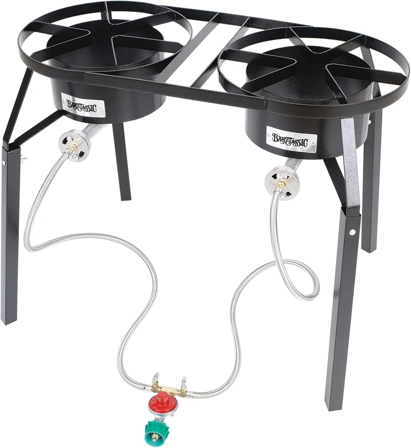 Bayou Classic DB250 Dual Burner High Pressure Cooker Features 12.5-in Tall Welded Steel Frame Dual 14-in Cooking Surfaces Dual 4-in Burners Dual 36-in Stainless Braided Hoses
