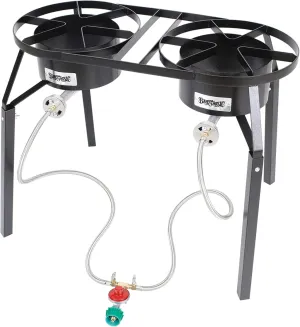 Bayou Classic DB250 Dual Burner High Pressure Cooker Features 12.5-in Tall Welded Steel Frame Dual 14-in Cooking Surfaces Dual 4-in Burners Dual 36-in Stainless Braided Hoses