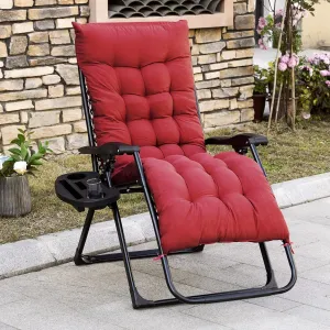 Beach-Camping Lounge-Chair Chaise-Outdoor Folding-Reclining - Recliner Adjustable Backrest with Cushion Side Tray Patio Poolside for Lawn Garden Porch Backyard (Red)